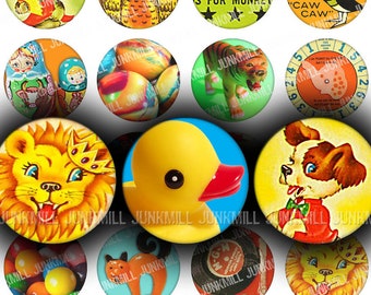 GUMBALL - Digital Printable Collage Sheet - Retro Toys, Vintage Gumball Charms, Kawaii Circus Animals, 1" Circle, 25 mm, Instant Download