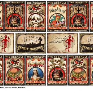 MEPHISTO MATCHBOX Digital Printable Collage Sheet Vintage Halloween Matchbox Labels with Black Cats, Devils & Skulls, Instant Download image 2