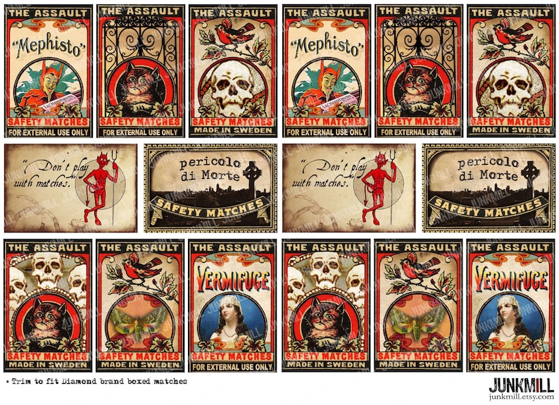 MEPHISTO MATCHBOX Digital Printable Collage Sheet Vintage Halloween Matchbox Labels with Black Cats, Devils & Skulls, Instant Download image 2