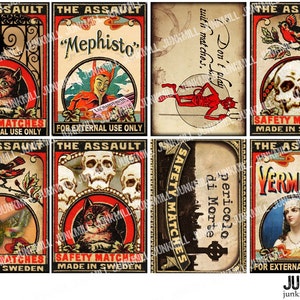MEPHISTO - Digital Printable Collage Sheet - Vintage Halloween Matchbox Labels with Black Cats, Devils & Skulls, ATC, Instant Download