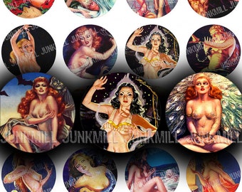 WEiRD TALES - Digital Printable Collage Sheet - Science Fiction Pin-Up Girls, Nudes and Witches, Halloween Occult, 1" Circles, 25 mm Round