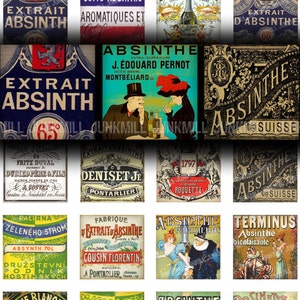ABSINTH - Digital bedruckbares Collage Sheet - französische viktorianische Absinth-Etiketten, grüne Feen-Werbung, 2,5 cm breite Quadrate und Scrabble-Fliesen