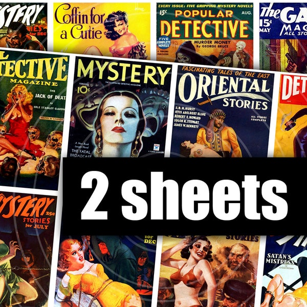 MYSTERY NOIR - Cyfrowy arkusz kolażu do druku - Retro Pulp Fiction, Powieści detektywistyczne z tanich sklepów, Dziewczyny pin-up w stylu vintage, Pobierz, Rozmiar ATC