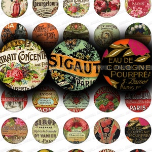 LITTLE LABELS - Digitaal afdrukbaar collageblad - Diverse mix van vintage labels, Franse parfumapotheker wijn, cirkels 1"", rond 25 mm