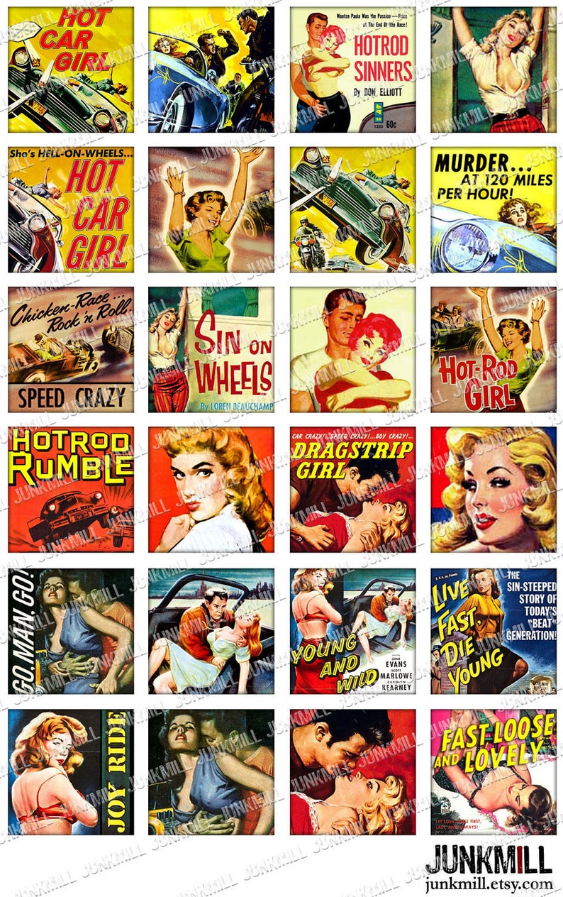 HOT ROD VIXENS Digital Printable Collage Sheet Drag Race Pin-Ups & B-Movie Bad Girls, 1 Square or Scrabble Tile, Instant Download image 1