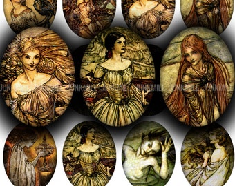 ARTHUR RACKHAM - Digital Printable Collage Sheet - Vintage Rackham Illustrations, Renaissance Women, Fairies & Goddesses, 30 x 40 mm Ovals