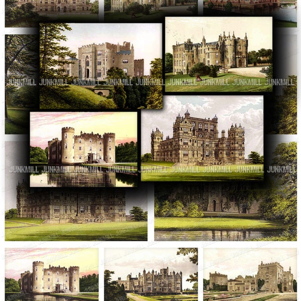 CASTLES - Digital Printable Collage Sheet - Medieval Renaissance Castles, Fairy Tale Castle Paintings, ATC ACEO Backgrounds, Image Download