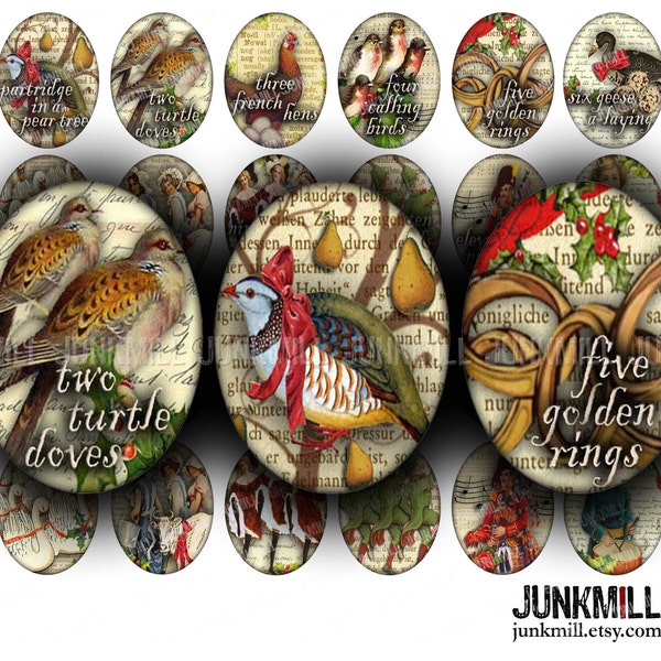 12 DAYS OF CHRISTMAS - Digital Printable Collage Sheet - Vintage Twelve Days of Christmas, Partridge in a Pear Tree, 30 x 40 mm Ovals