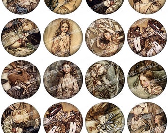 ALICE CIRCLES - Digital Printable Collage Sheet - Gothic Victorian Alice in Wonderland, 1" Circle, 25 mm Round, Instant Download