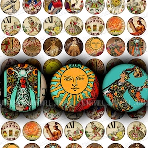 May include: A set of 36 round, colorful, vintage-style images featuring tarot card designs. The images are printed on a white background and feature various symbols, figures, and scenes from the tarot deck. The text "Card Readings Tarot" is printed on one of the images.