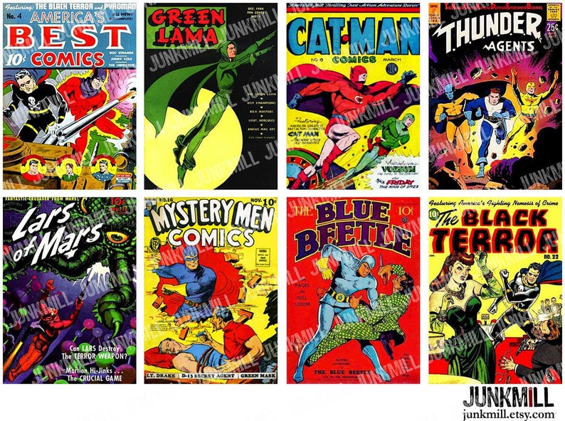 May include: A collage of eight vintage comic book covers featuring superheroes and villains. The covers are in various colors, including red, blue, green, yellow, and black. The titles of the comics include "Best Comics", "Green Lama", "Cat-Man Comics", "Thunder Agents", "Lars of Mars", "Mystery Men Comics", "Blue Beetle", and "The Black Terror".