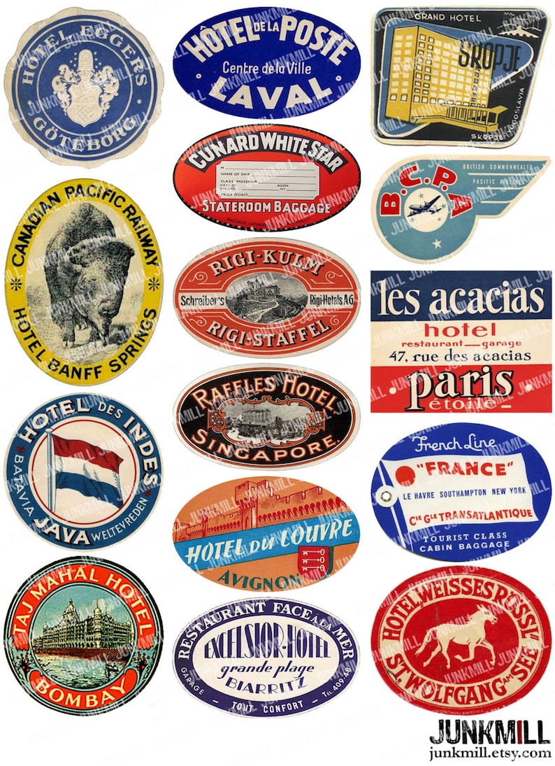 STEAMTRUNK LABELS 5 Digital Printable Collage Sheets Vintage Luggage Labels, Souvenir Travel Labels from Europe, Instant Download image 4