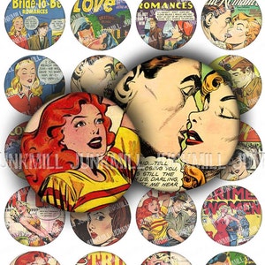 PULP ROMANCE - Cyfrowy wydruk kolażu - Okładki komiksów retro, Pin-Ups z Pulp Fiction Vintage, Koło 1", 25 mm, Natychmiastowe pobranie