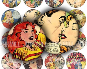 PULP ROMANCE - Digital Printable Collage Sheet - Retro Comic Book Covers, Vintage Pulp Fiction Pin-Ups, 1&quot; Circle, 25 mm, Instant Download
