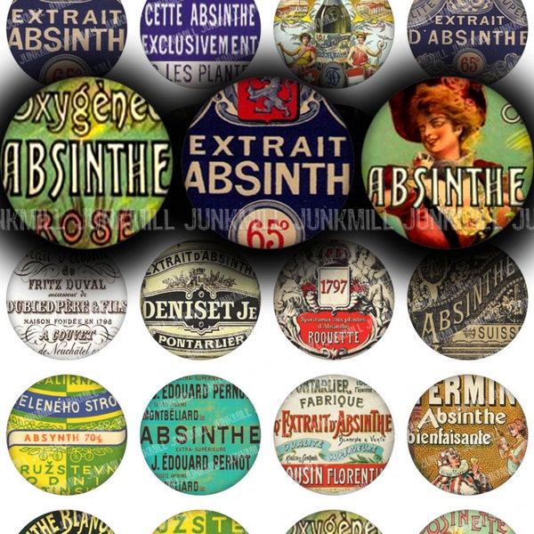 ABSINTHE - Digital Printable Collage Sheet - French Victorian Absinthe Labels & Vintage Green Fairy Advertisements, 1" Circles, 25 mm Round