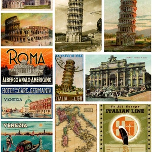 VOYAGE EN ITALIE - feuille de collage numérique imprimable - cartes postales italiennes vintage et étiquettes de bagages de Rome, Venise, Pise, téléchargement immédiat