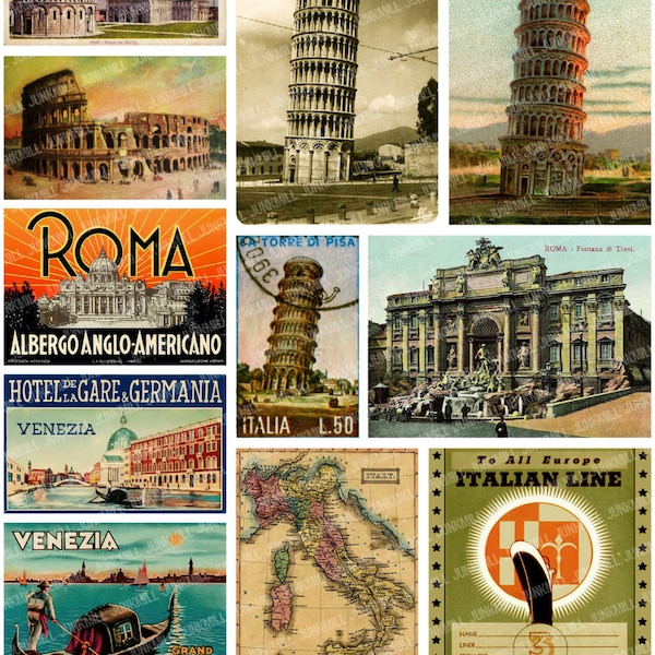 TRAVEL ITALY - Digital Printable Collage Sheet - Vintage Italian Postcards & Luggage Labels from Rome, Venice, Pisa, Instant Download