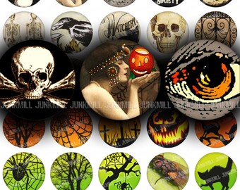 HALLOWEEN MEDLEY - Digital Printable Collage Sheet - Spooky Vintage Sampler with Anatomy & Apothecary, 1" Circle, 25 mm, Instant Download