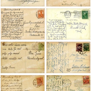 CARTÕES POSTAIS ANTIGOS - Folha de colagem digital para impressão - Cartões postais vintage manuscritos da Europa com selos postados, download instantâneo