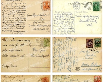 May include: A collection of vintage postcards with handwritten messages and stamps. The postcards are in various shades of yellowed cream and feature different designs and styles.