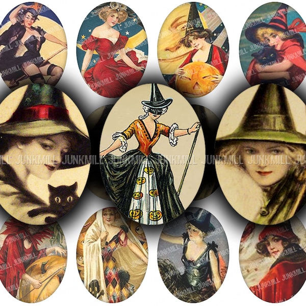 WISTFUL WITCHES - Digital Printable Collage Sheet - 30 mm x 40 mm Ovals - Vintage Halloween Witches, Halloween Pin-Ups, Digital Download
