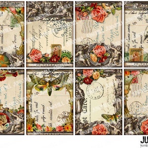 TABULA ROSA - Folha de colagem digital para impressão - Anjos vintage gastos, rosas vitorianas, cartões postais franceses, mapas antigos, ATC, download instantâneo