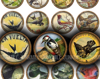 RAVENS & WRENS - Digital Printable Collage Sheet - 1" Circles, 25 mm Round - Vintage Songbird Images, Ephemera Style, Shabby Cottage Chic
