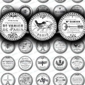 PARIS JARDIN - Folha de colagem digital para impressão - Tipografia vitoriana francesa, Torre Eiffel, pássaros e flores parisienses, círculo de 1", círculo de 25 mm