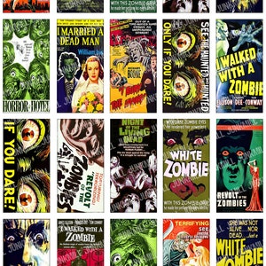 ZoMBiES - digitaal afdrukbaar collageblad - cultklassieker horrorfilms, B-filmposters, Halloween, dominotegels van 1 x 2 inch, direct downloaden