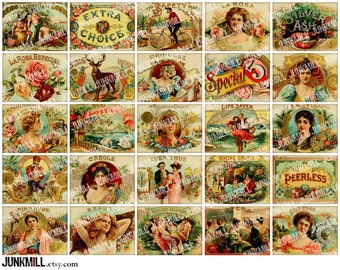 HUMIDOR - Digital Printable Collage Sheet - Vintage Cigar Box Labels, Pretty Victorian Women & Ornate Floral Borders, Instant Download