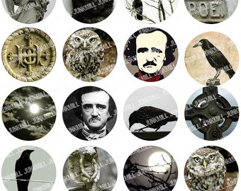 THE RAVEN - Digital Printable Collage Sheet - Edgar Allen Poe with Full Moon, Crows, Owls & Cemetery Graves, 1" Circles, Instant Download