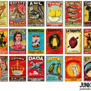 MATCHBOX MEDLEY II - Digital Printable Collage Sheet - Vintage Matchbox Labels for Matchbox Shrines with Colorful Animals & Exotic Women