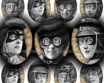 STEAMPUNK AVIATORS - Digital Printable Collage Sheet - 30 x 40 mm Ovals - Victorian Steampunk Fashions, Vintage Women, Digital Download