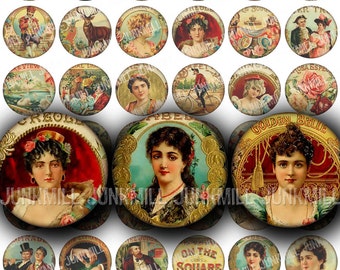 HUMIDOR - Digital Printable Collage Sheet - Vintage Rococo Cigar Box Labels, Pretty Victorian Women, 1" Circles, Instant Download