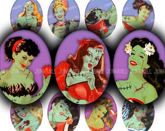 ZoMBIE GIRLS - Digital Printable Collage Sheet - Retro Undead Pin-Up Girls, Zombie Virus, Halloween, 30 x 40 mm Ovals, Instant Download