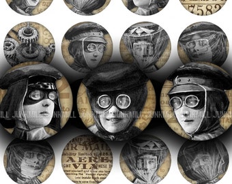 STEAMPUNK AVIATORS - Digital Printable Collage Sheet - 1" Circles, 25 mm - Victorian Steampunk Fashions, Vintage Women, Digital Download