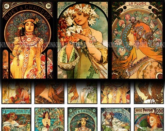 MUCHA MATCHBOX - Digital Printable Collage Sheet - 1.4" x 2.1" - Alphonse Mucha Art Nouveau Paintings, DIY Matchbox Images, Digital Download