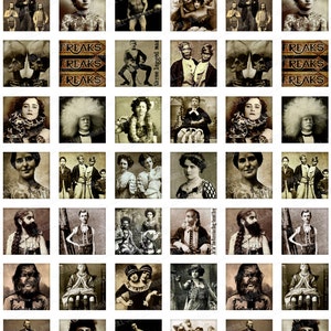 HUMAN ODDITIES Digital Printable Collage Sheet 1X1 Inch Squares & Scrabble Tiles Vintage Circus Freakshow Performers, Digital Download image 2