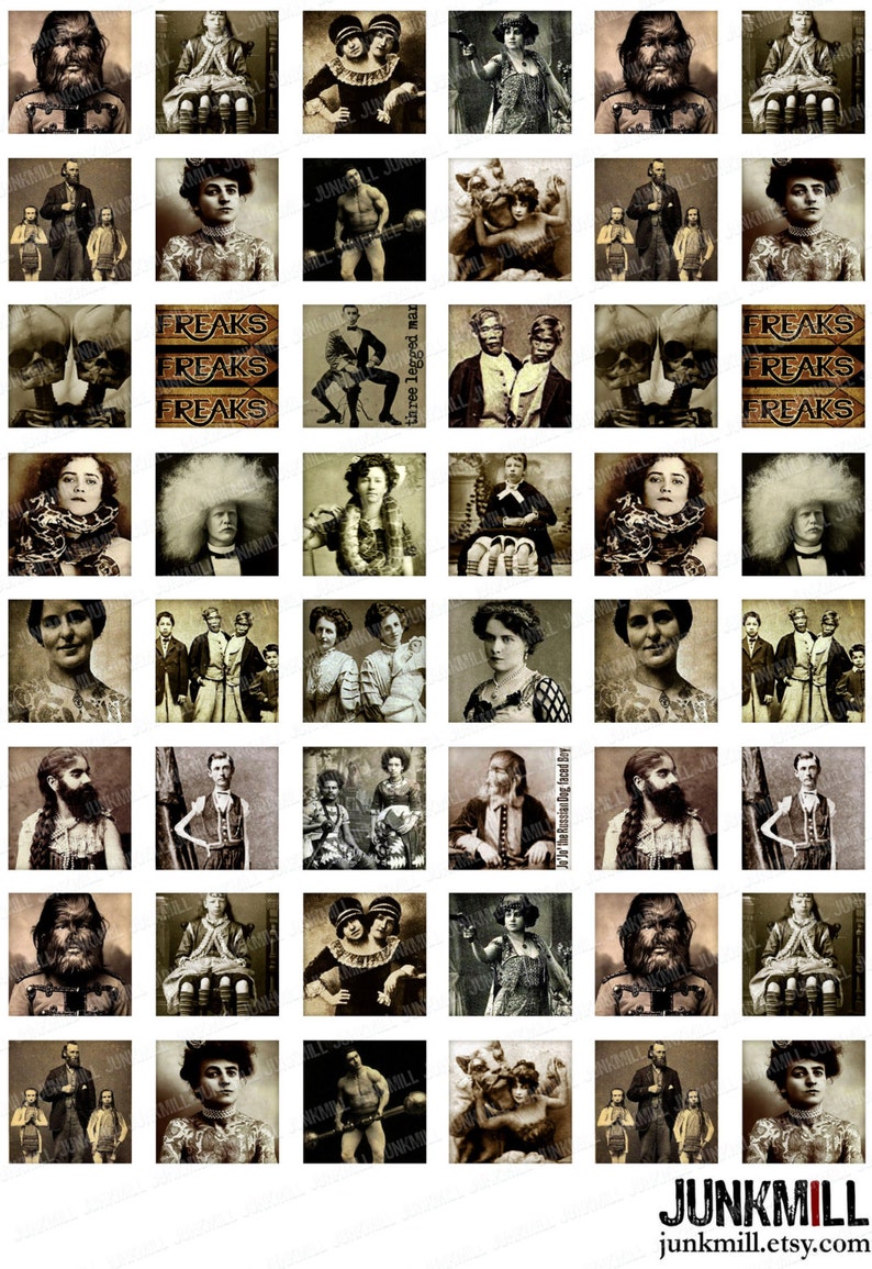 HUMAN ODDITIES Digital Printable Collage Sheet 1X1 Inch Squares & Scrabble Tiles Vintage Circus Freakshow Performers, Digital Download image 2