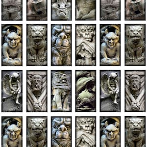 May include: A collage of 16 images featuring various gargoyle sculptures. The gargoyles are carved from stone and have different expressions and poses. Some are winged, while others are not. They are all in a gothic style.