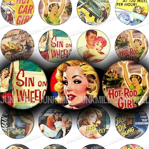 HOT ROD VIXENS - Digital Printable Collage Sheet - Retro Drag Race Pin-Up Girls & B-Movie Bad Girls, 1&quot; Circles, 25 mm, Instant Download