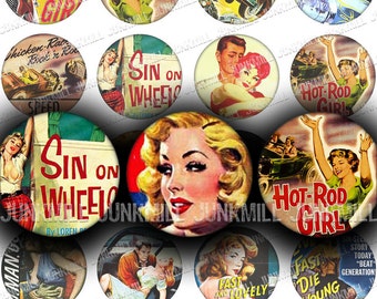 HOT ROD VIXENS - Digital Printable Collage Sheet - Retro Drag Race Pin-Up Girls & B-Movie Bad Girls, 1" Circles, 25 mm, Instant Download