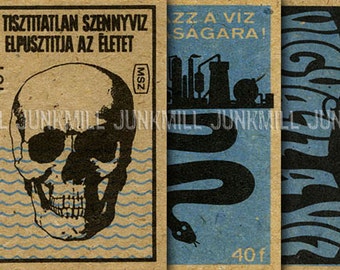 TOXIC - 3 Large Digital Printable Images - Creepy Vintage Hungarian Matchbox Covers, Skull, Snake, Foreign Text, Instant Download