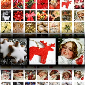 Può includere: Un collage digitale di immagini natalizie, tra cui ornamenti, ghirlande, renne, Babbo Natale e biscotti di pan di zenzero. Il collage è composto da 36 quadrati singoli, ognuno con un'immagine diversa. Le immagini sono tutte in tema natalizio festivo.