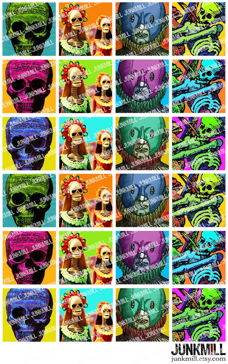 LOS MUERTOS Digital Printable Collage Sheet Mexican Day of the Dead Skeletons & Catrinas, 1 Square or Scrabble Tile, Instant Download image 2