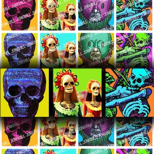 LOS MUERTOS Digital Printable Collage Sheet Mexican Day of the Dead Skeletons & Catrinas, 1 Square or Scrabble Tile, Instant Download image 1