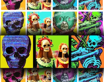 LOS MUERTOS - Digital Printable Collage Sheet - Mexican Day of the Dead Skeletons & Catrinas, 1" Square or Scrabble Tile, Instant Download