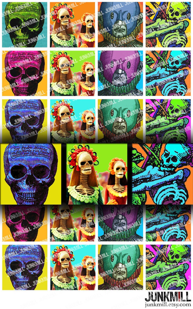 LOS MUERTOS Digital Printable Collage Sheet Mexican Day of the Dead Skeletons & Catrinas, 1 Square or Scrabble Tile, Instant Download image 1