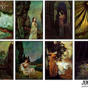 May include: A set of eight vintage illustrations featuring women in various settings. The illustrations are in a dark, romantic style with muted colors and intricate details. The women are depicted in a variety of poses, some standing, some sitting, and some lying down. The illustrations are framed in a white border.