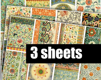 ASIAN PRINTS - Digital Printable Collage Sheet - Chinese Ornamental Designs with Damask, Floral, Pastel, Paisley, ATC, Instant Download